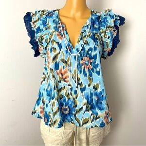 House of Harlow 1960 NWT Blue & Tan V-Neck Blouse with Neck Tie – Size Small